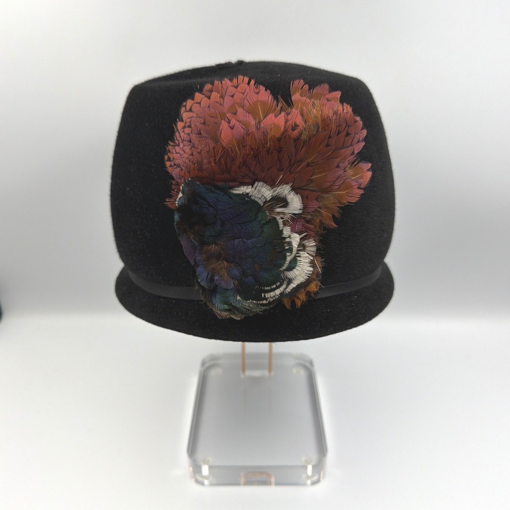 Vintage Bon Marche Black Fur Velour Pillbox Hat w/ Iridescent Pheasant Feathers